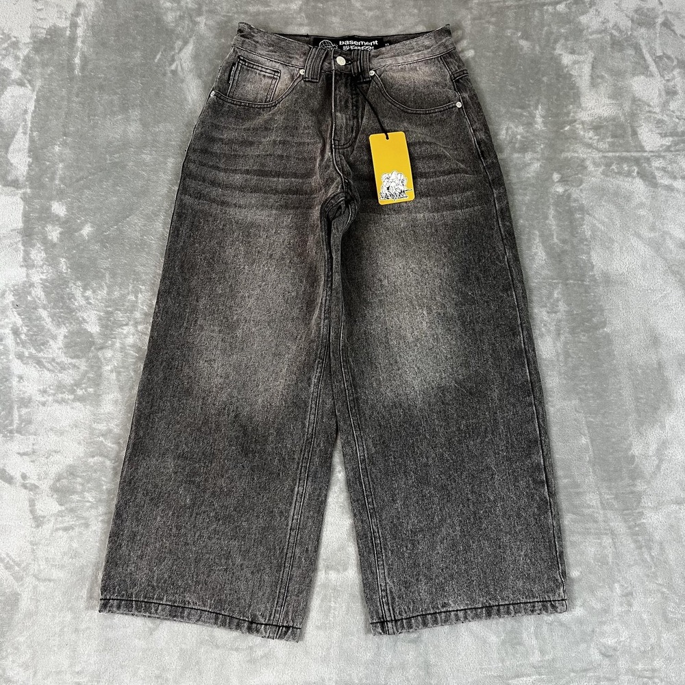Basement Jeans Mens XS 28x26 Black Gray Wide Leg Baggy 100% Cotton Streetwear